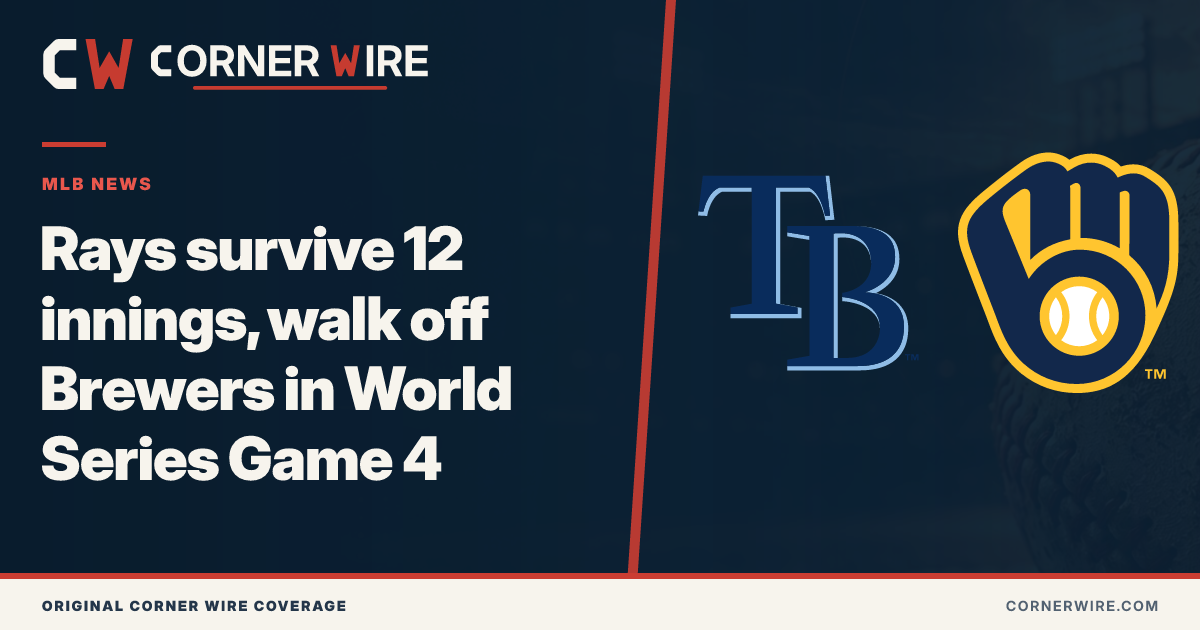 Tampa Bay Rays and Milwaukee Brewers team-logo MLB News graphic: Rays survive 12 innings, walk off Brewers in World Series Game 4