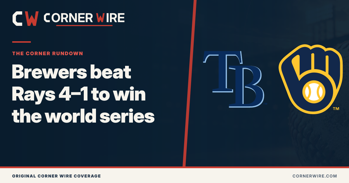 Tampa Bay Rays and Milwaukee Brewers team-logo game recap graphic: Brewers beat Rays 4–1 to win the world series