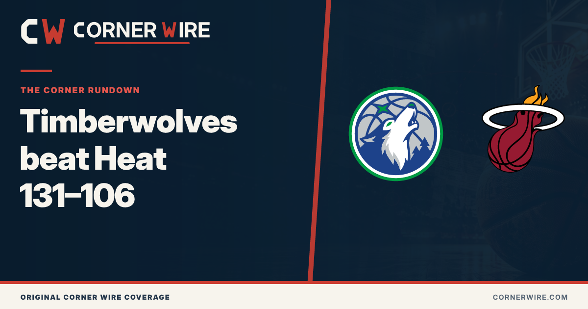 Minnesota Timberwolves and Miami Heat team-logo final-score graphic: Timberwolves beat Heat 131–106
