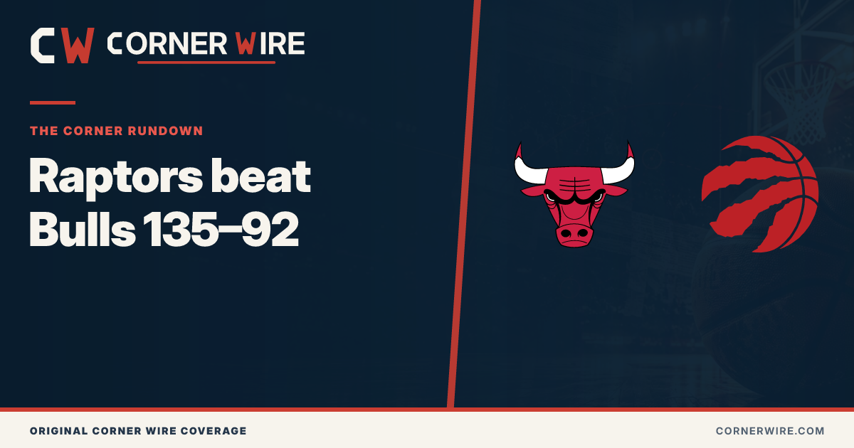 Chicago Bulls and Toronto Raptors team-logo final-score graphic: Raptors beat Bulls 135–92