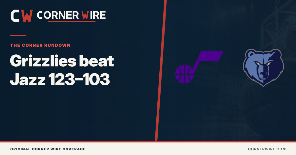 Utah Jazz and Memphis Grizzlies team-logo final-score graphic: Grizzlies beat Jazz 123–103