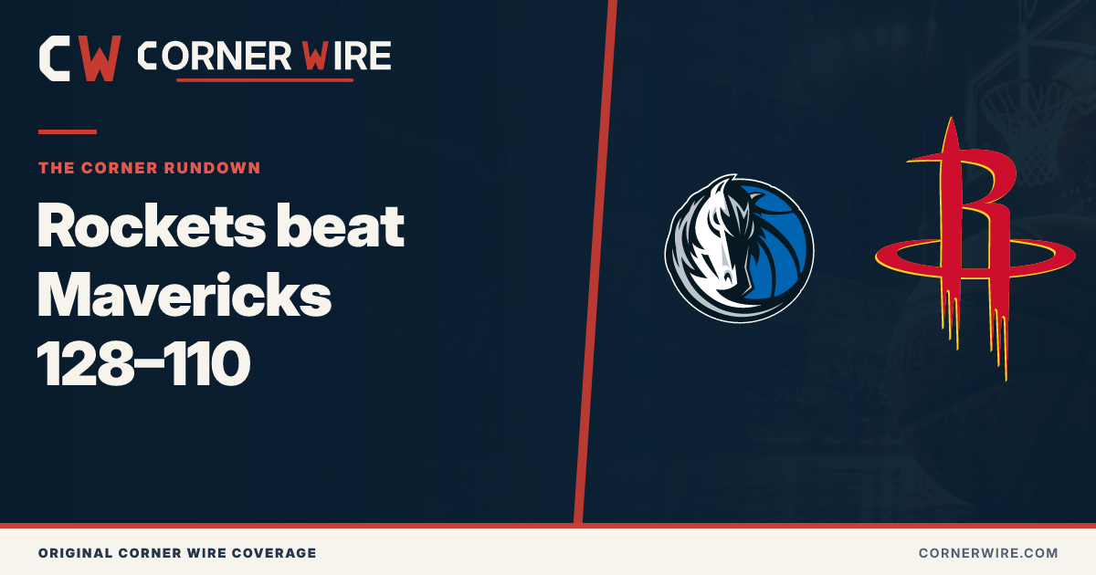 Dallas Mavericks and Houston Rockets team-logo final-score graphic: Rockets beat Mavericks 128–110