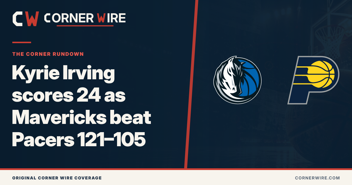Dallas Mavericks and Indiana Pacers team-logo final-score graphic: Kyrie Irving scores 24 as Mavericks beat Pacers 121–105