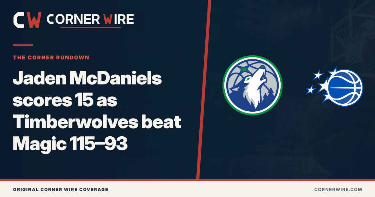 Minnesota Timberwolves and Orlando Magic team-logo final-score graphic: Jaden McDaniels scores 15 as Timberwolves beat Magic 115–93