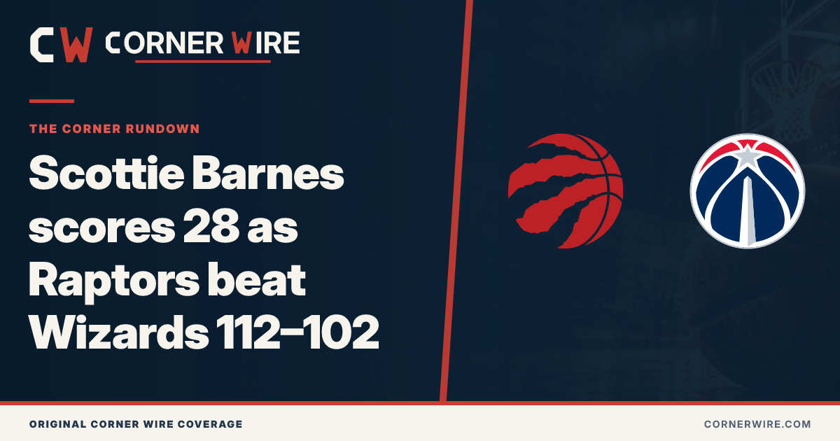 Toronto Raptors and Washington Wizards team-logo final-score graphic: Scottie Barnes scores 28 as Raptors beat Wizards 112–102