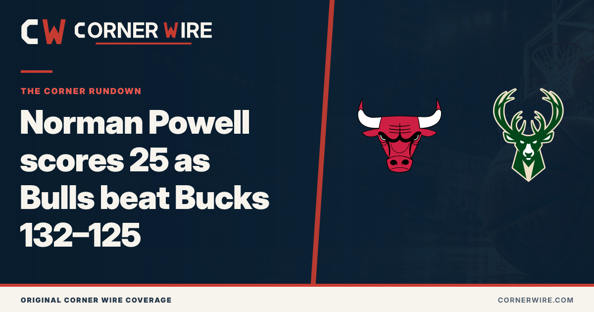 Chicago Bulls and Milwaukee Bucks team-logo final-score graphic: Norman Powell scores 25 as Bulls beat Bucks 132–125