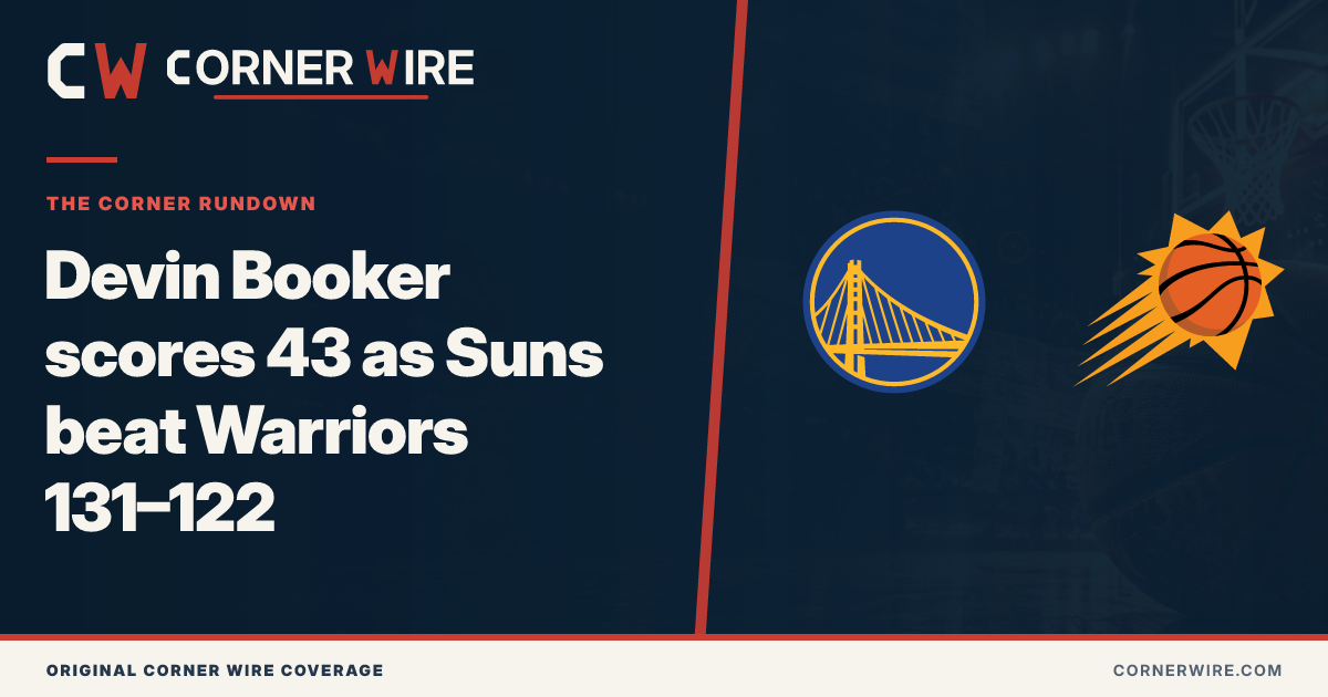Golden State Warriors and Phoenix Suns team-logo final-score graphic: Devin Booker scores 43 as Suns beat Warriors 131–122