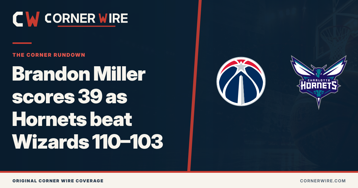 Washington Wizards and Charlotte Hornets team-logo final-score graphic: Brandon Miller scores 39 as Hornets beat Wizards 110–103