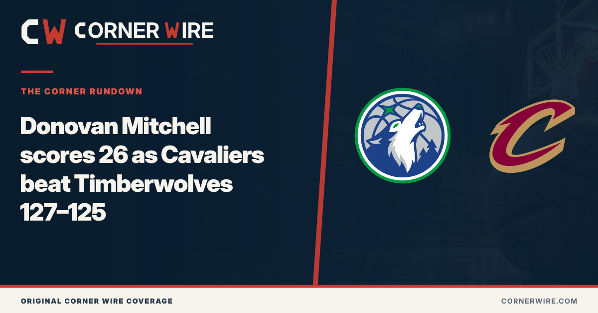 Minnesota Timberwolves and Cleveland Cavaliers team-logo final-score graphic: Donovan Mitchell scores 26 as Cavaliers beat Timberwolves 127–125