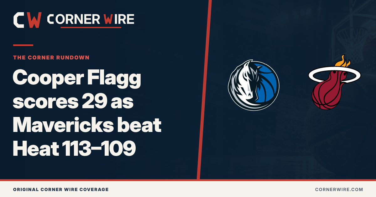 Dallas Mavericks and Miami Heat team-logo final-score graphic: Cooper Flagg scores 29 as Mavericks beat Heat 113–109
