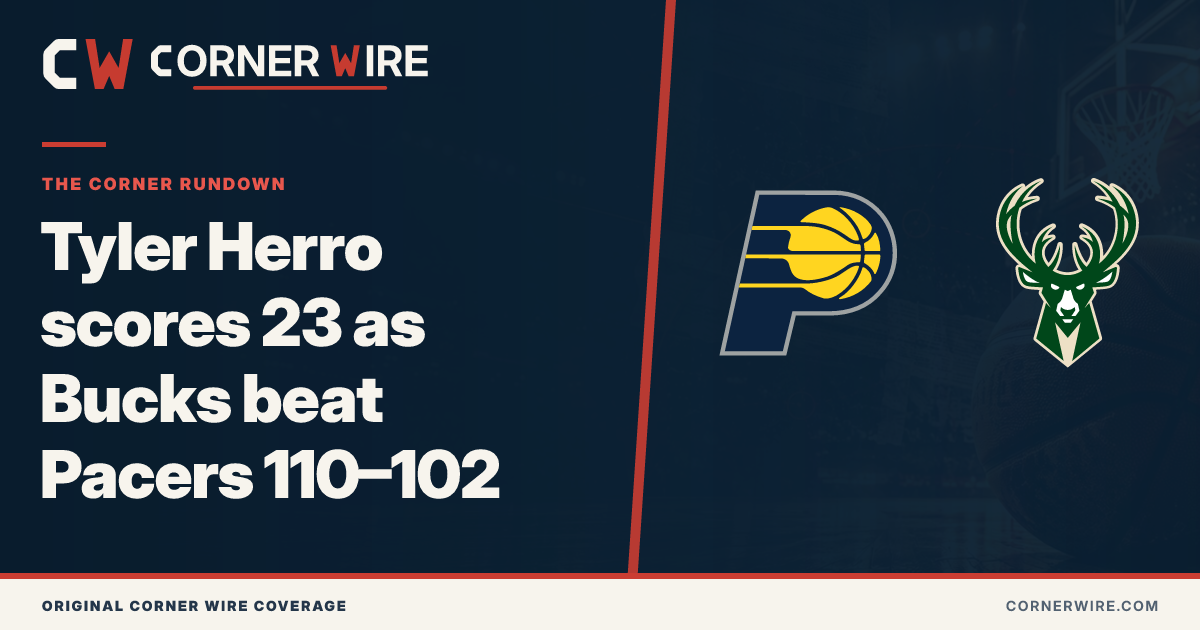 Indiana Pacers and Milwaukee Bucks team-logo final-score graphic: Tyler Herro scores 23 as Bucks beat Pacers 110–102