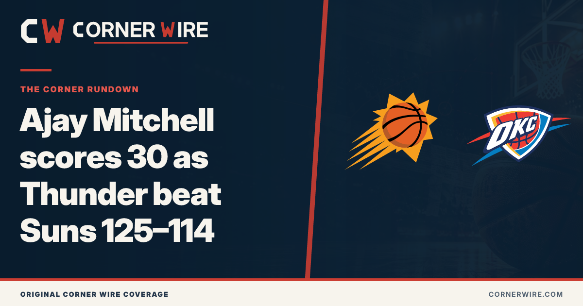 Phoenix Suns and Oklahoma City Thunder team-logo final-score graphic: Ajay Mitchell scores 30 as Thunder beat Suns 125–114