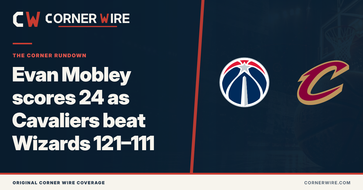 Washington Wizards and Cleveland Cavaliers team-logo final-score graphic: Evan Mobley scores 24 as Cavaliers beat Wizards 121–111