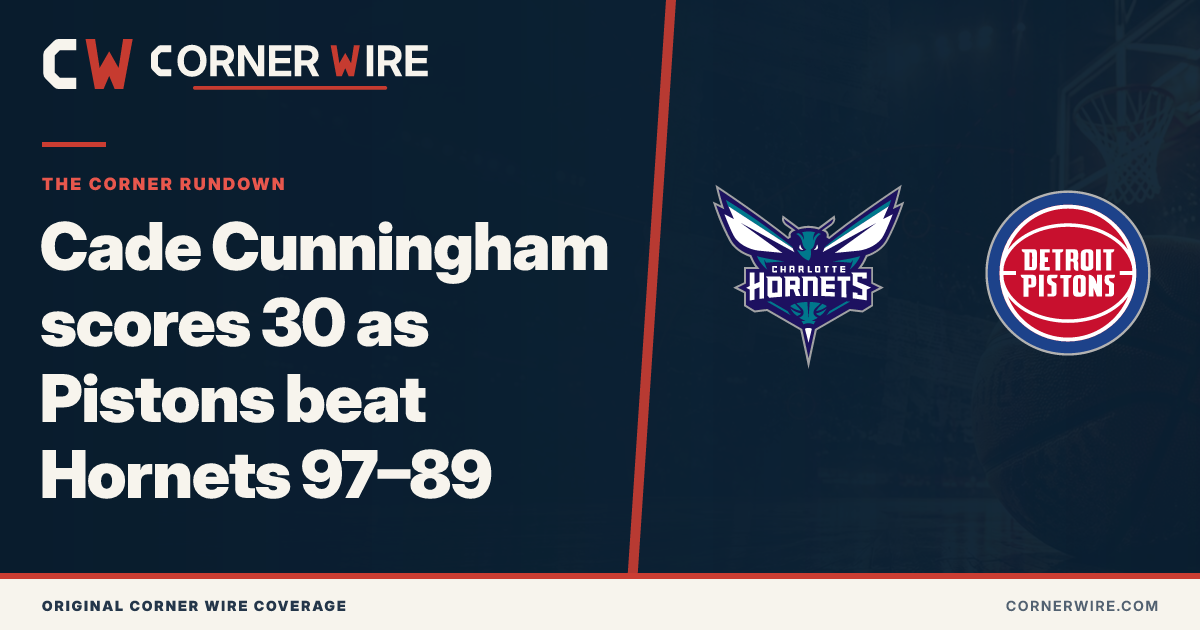 Charlotte Hornets and Detroit Pistons team-logo final-score graphic: Cade Cunningham scores 30 as Pistons beat Hornets 97–89