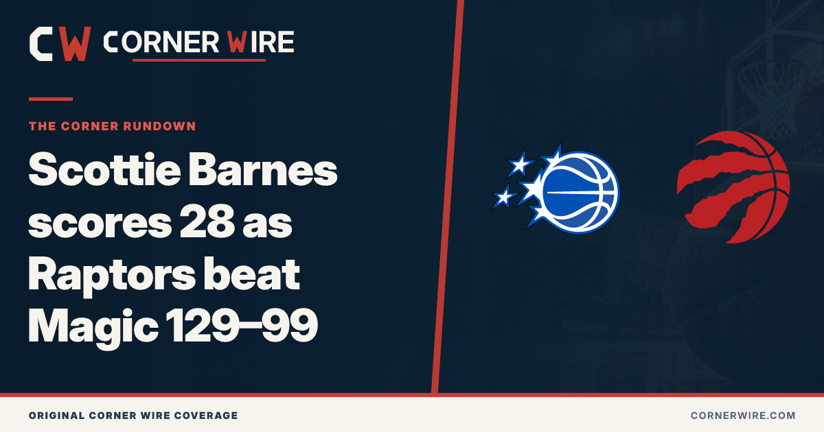 Orlando Magic and Toronto Raptors team-logo final-score graphic: Scottie Barnes scores 28 as Raptors beat Magic 129–99