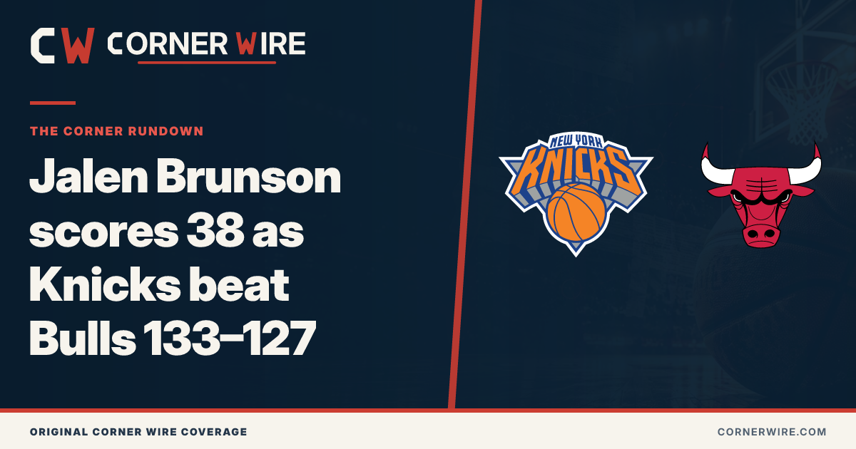 New York Knicks and Chicago Bulls team-logo final-score graphic: Jalen Brunson scores 38 as Knicks beat Bulls 133–127