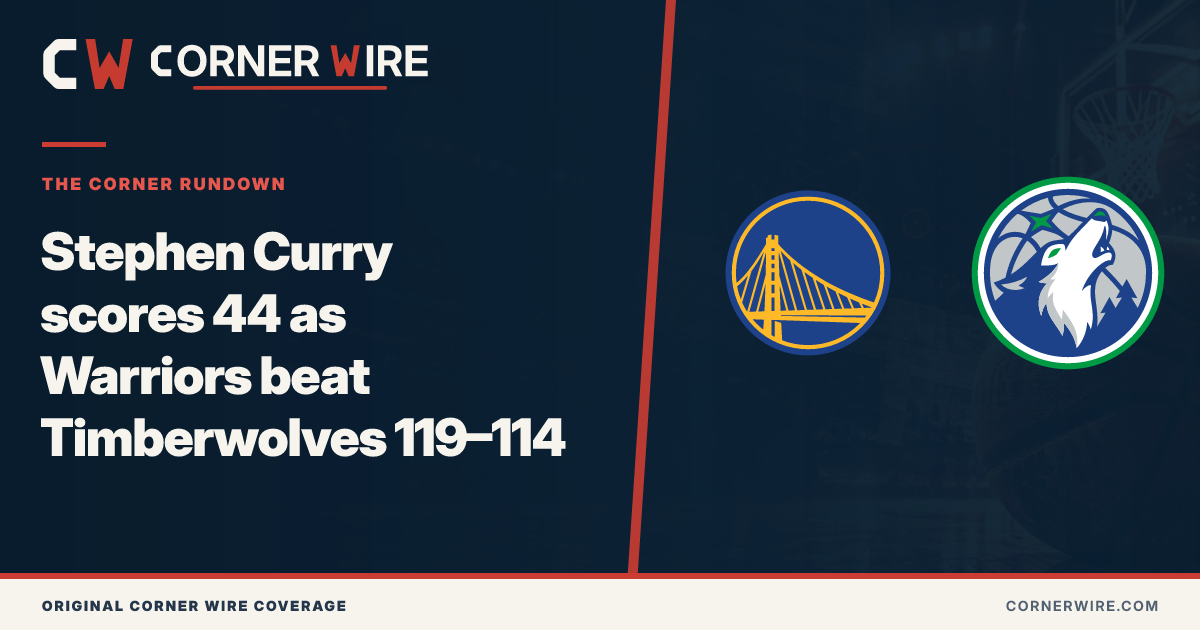 Golden State Warriors and Minnesota Timberwolves team-logo final-score graphic: Stephen Curry scores 44 as Warriors beat Timberwolves 119–114