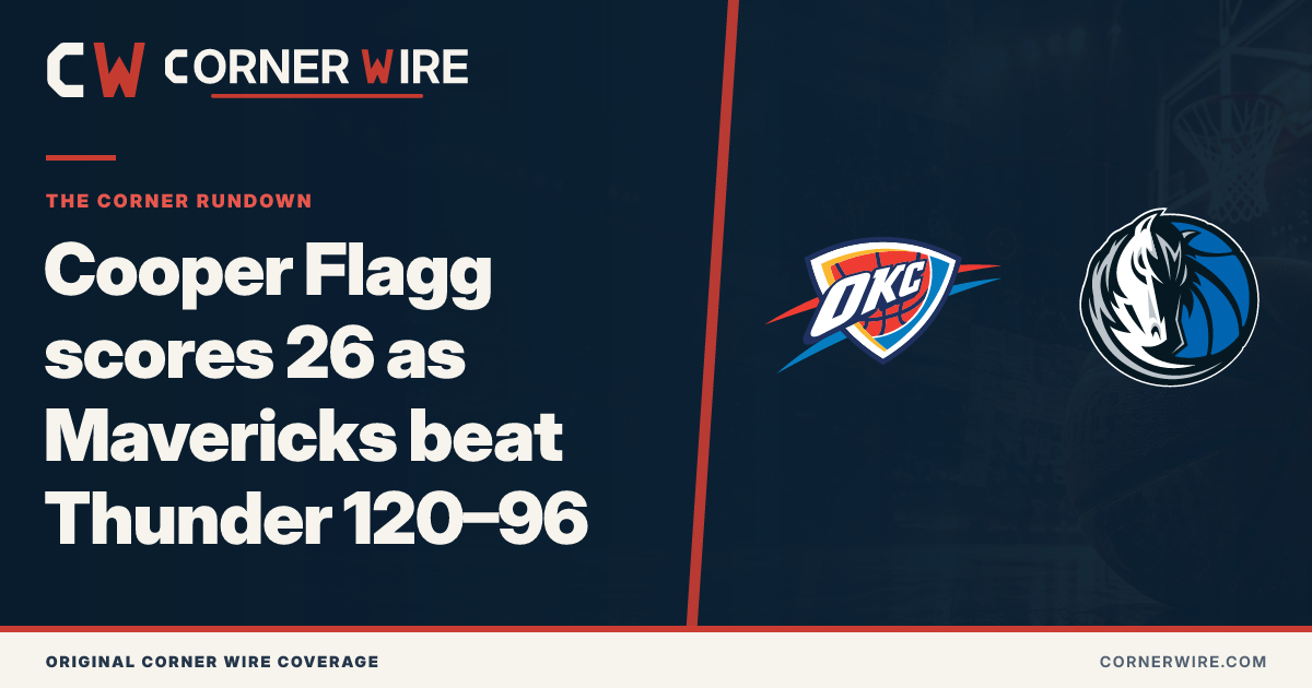 Oklahoma City Thunder and Dallas Mavericks team-logo final-score graphic: Cooper Flagg scores 26 as Mavericks beat Thunder 120–96