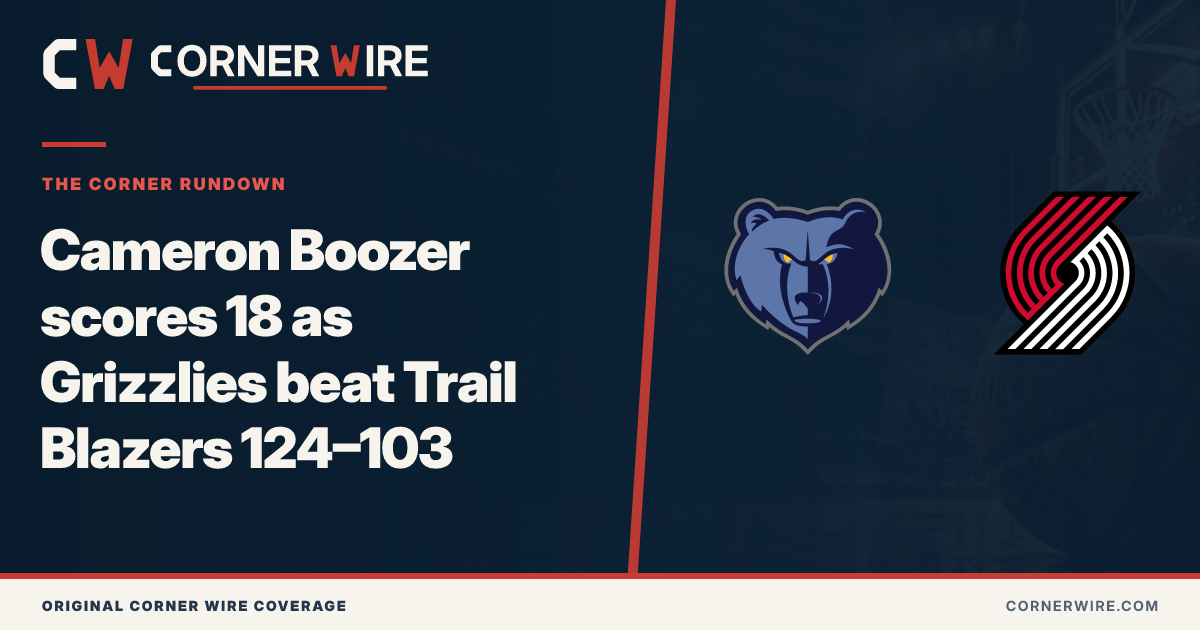 Memphis Grizzlies and Portland Trail Blazers team-logo final-score graphic: Cameron Boozer scores 18 as Grizzlies beat Trail Blazers 124–103