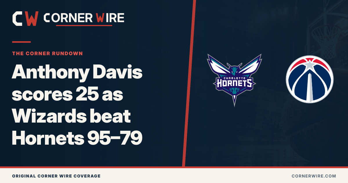 Charlotte Hornets and Washington Wizards team-logo final-score graphic: Anthony Davis scores 25 as Wizards beat Hornets 95–79