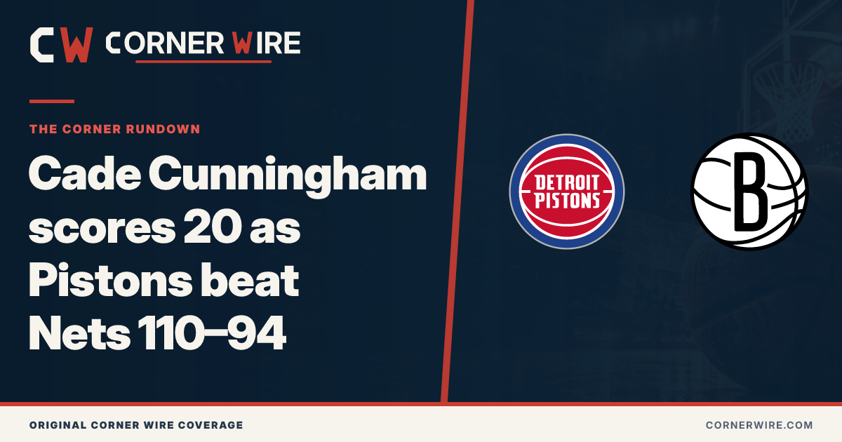Detroit Pistons and Brooklyn Nets team-logo final-score graphic: Cade Cunningham scores 20 as Pistons beat Nets 110–94