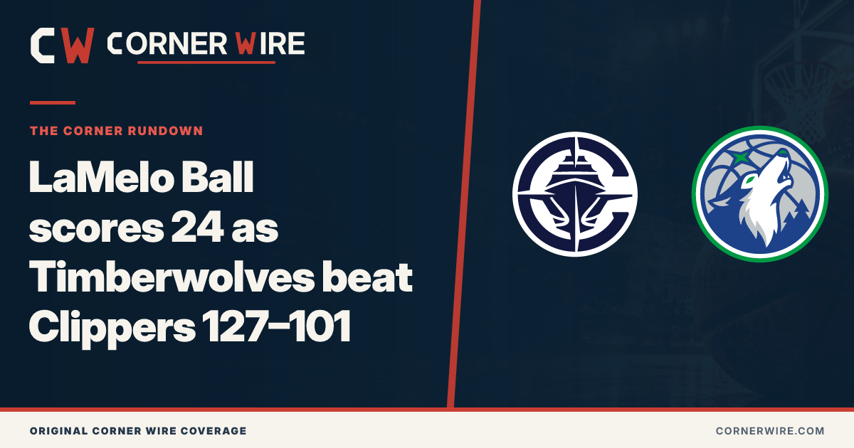 Los Angeles Clippers and Minnesota Timberwolves team-logo final-score graphic: LaMelo Ball scores 24 as Timberwolves beat Clippers 127–101