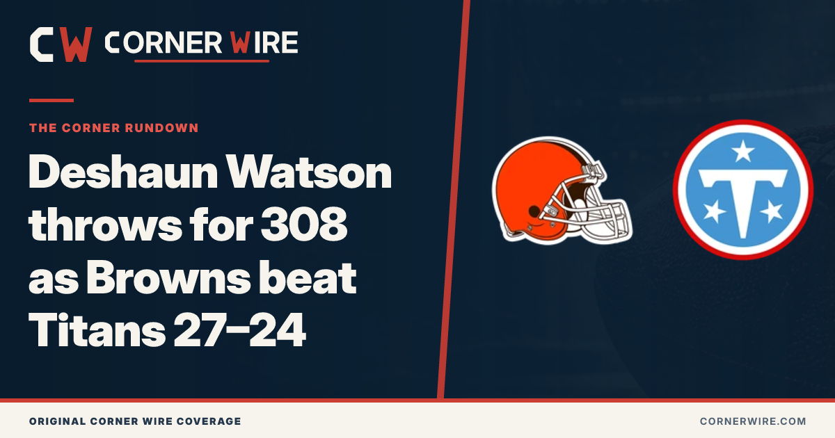 Cleveland Browns and Tennessee Titans team-logo final-score graphic: Deshaun Watson throws for 308 as Browns beat Titans 27–24