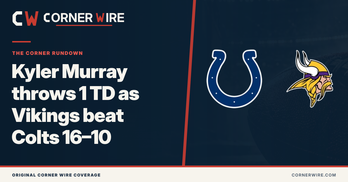 Indianapolis Colts and Minnesota Vikings team-logo final-score graphic: Kyler Murray throws 1 TD as Vikings beat Colts 16–10