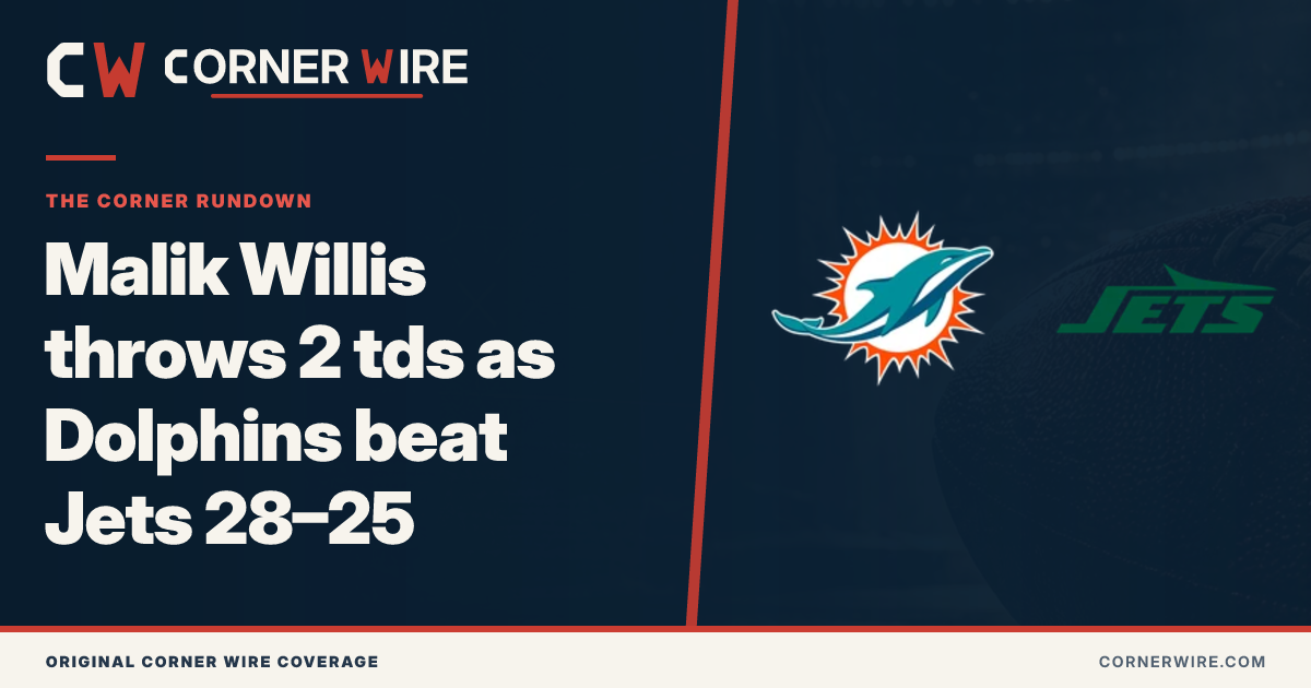 Miami Dolphins and New York Jets team-logo final-score graphic: Malik Willis throws 2 tds as Dolphins beat Jets 28–25