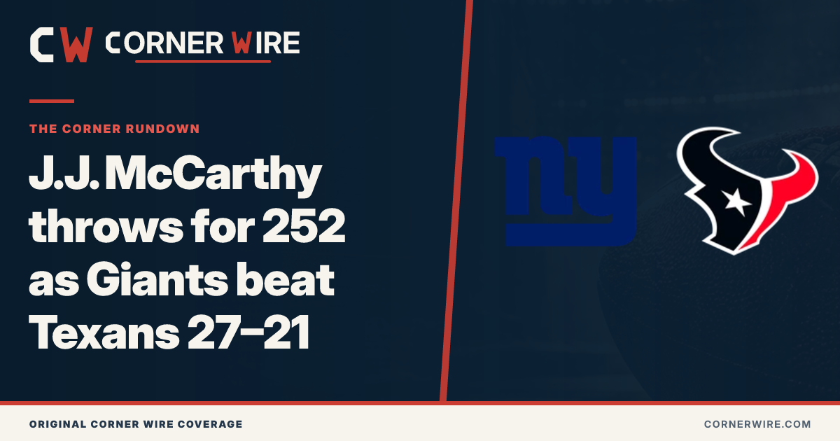 New York Giants and Houston Texans team-logo final-score graphic: J.J. McCarthy throws for 252 as Giants beat Texans 27–21