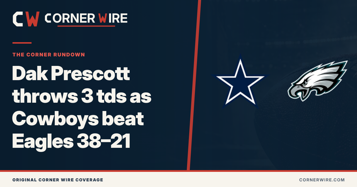 Dallas Cowboys and Philadelphia Eagles team-logo final-score graphic: Dak Prescott throws 3 tds as Cowboys beat Eagles 38–21