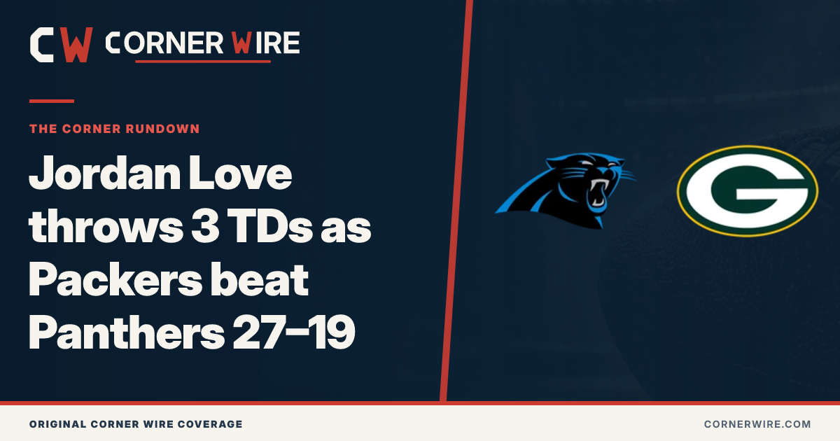 Carolina Panthers and Green Bay Packers team-logo final-score graphic: Jordan Love throws 3 TDs as Packers beat Panthers 27–19